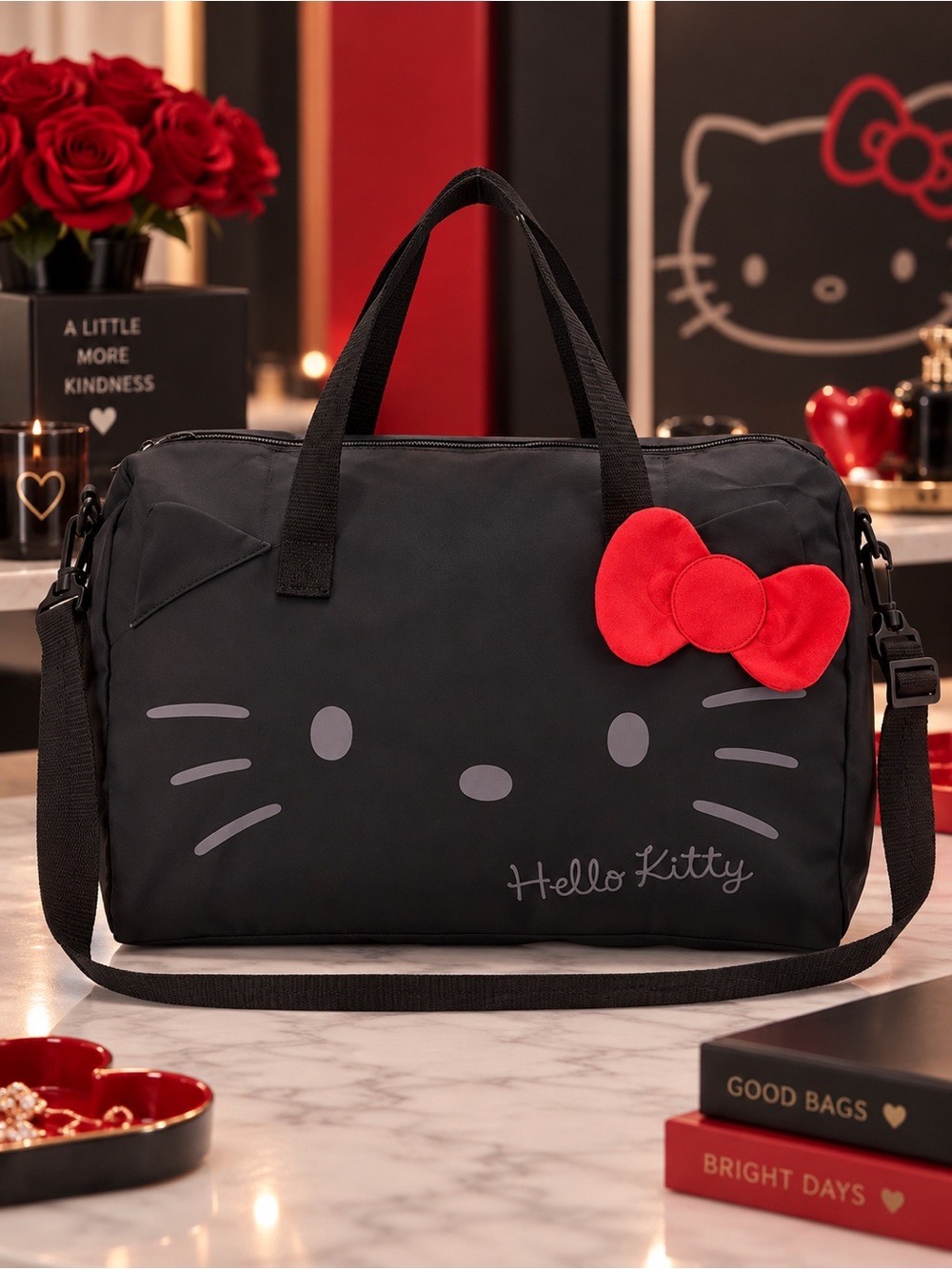 Hello Kitty Black & Red Large Duffel Travel Bag Adjustable Strap NWT